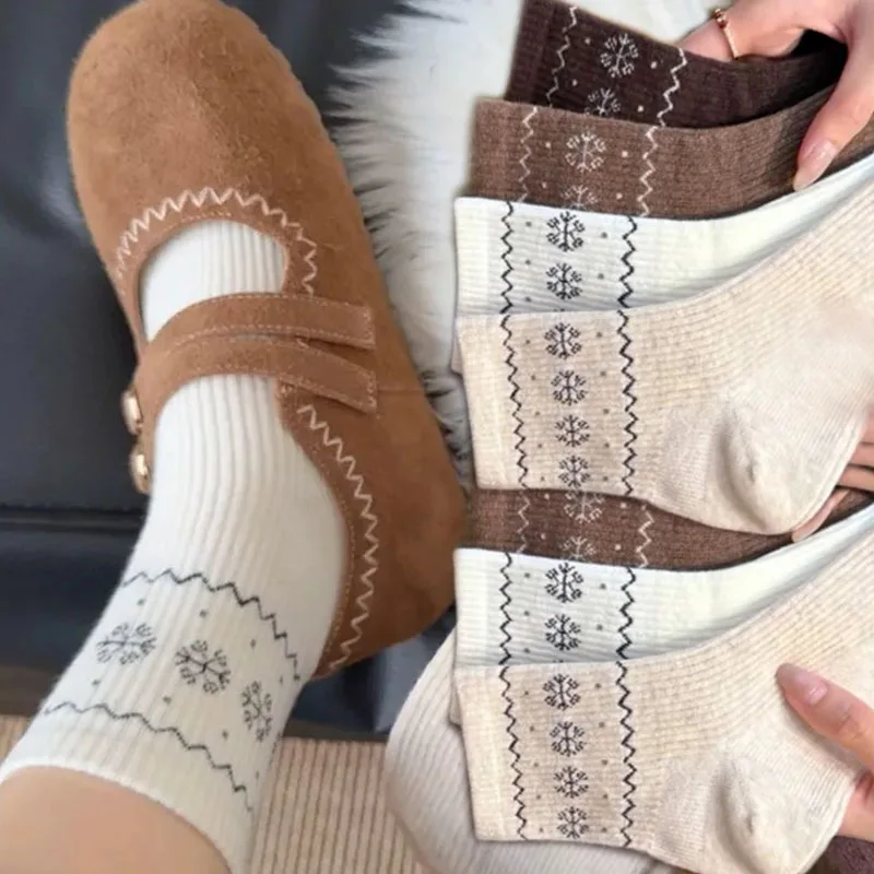 

Новые осенне-зимние носки средней длины, мягкие повседневные простые однотонные теплые женские носки с рисунком снежинки, носки с ворсом в корейском стиле