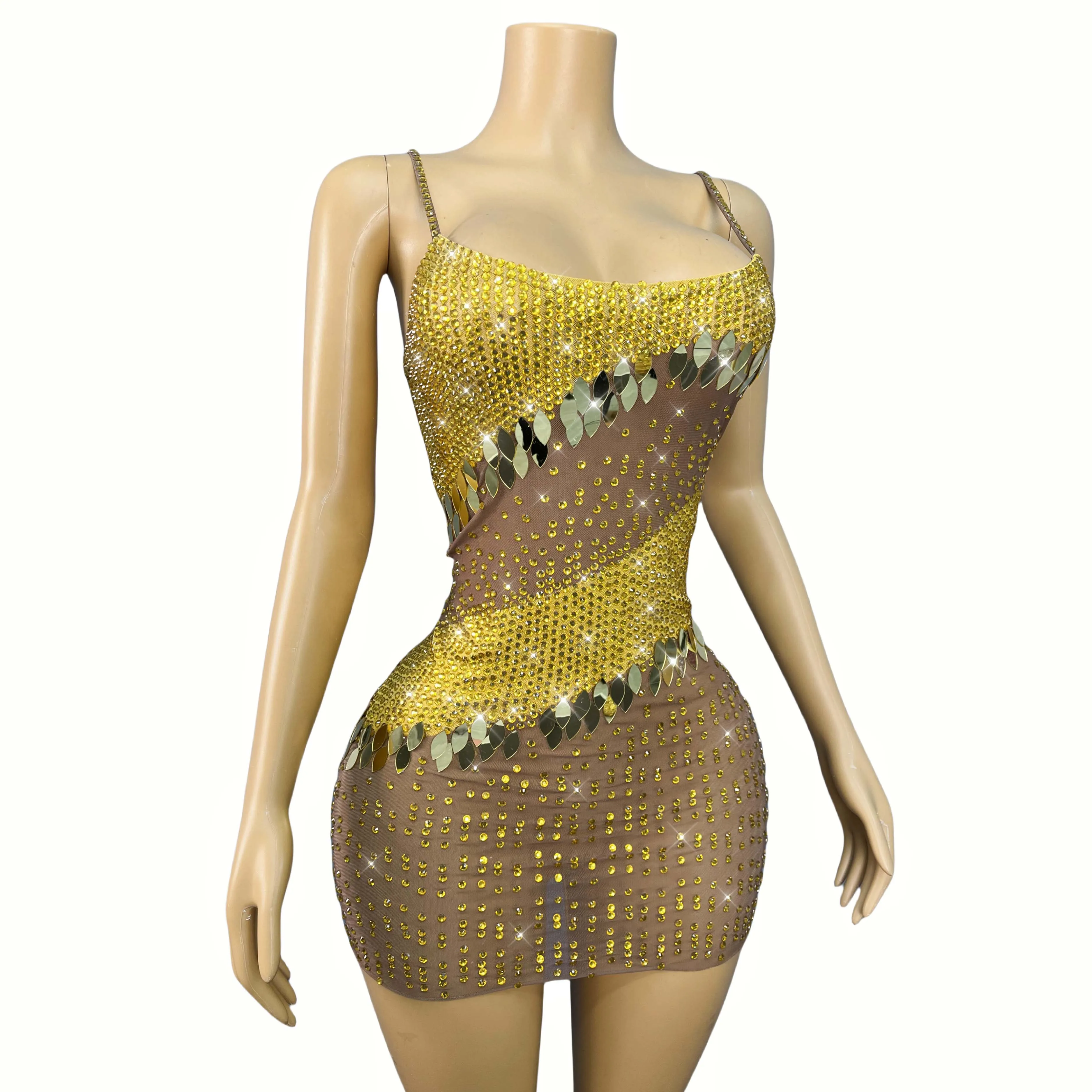 New Designed Twinkling Rhinestones Mirrors Trim fit Suspender Dress Women Party Celebrate Show Fashion Outfit Stage CostumeEyuye