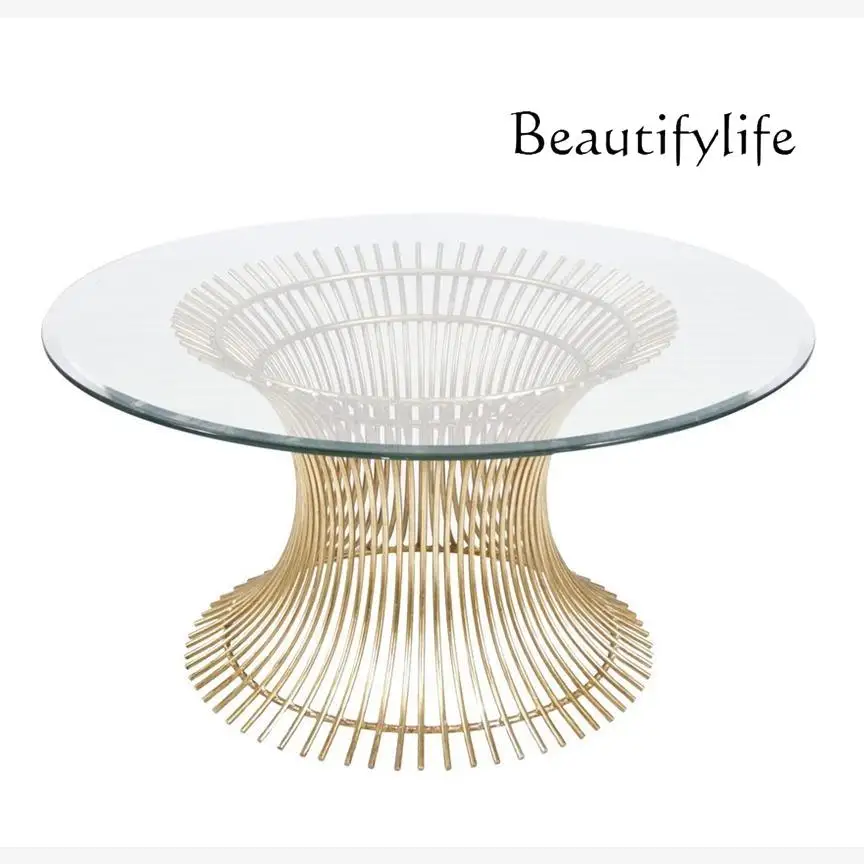 

Light luxury iron cage electroplated round dining table/hotel/kitchen/sample room iron cage coffee table