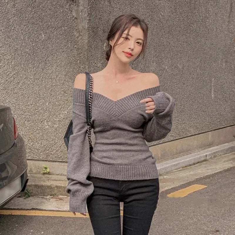 Korean Dongdaemun Spring Summer New Style V-neck Solid Color Sweater Long Sleeve Women's Knitted Wear Slim Fit Personality