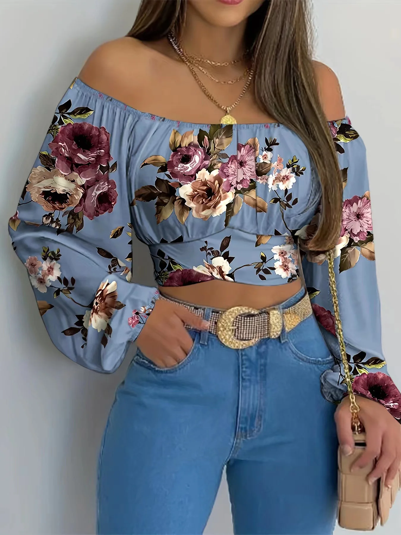 

Women's one-shoulder slim-fit printed cross-tie balloon sleeve top
