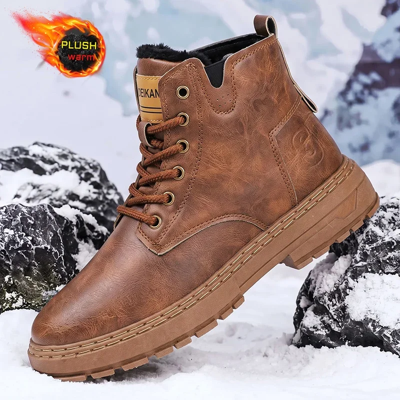 Men Winter Snow Boots Plush Lined High‑Top Faux Leather Anti‑Slip Thick Sole Shoes For Snow Day Commute Street Casual Outing