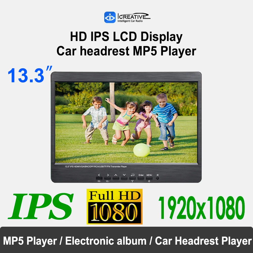 13.3 Inch IPS Display Car Headrest Monitor MP5 Video Player 2K Screen Electronic Album AV HDMI VGA  BNC Input  2*2W Speaker
