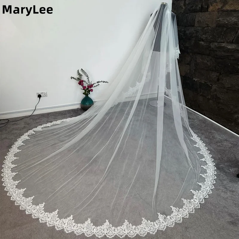 Luxury Appliques Church Bridal Veil 2 Tiers Drop Lace Cathedral Wedding Veil with Blusher 3 Meters Long White Ivory Bride Veils