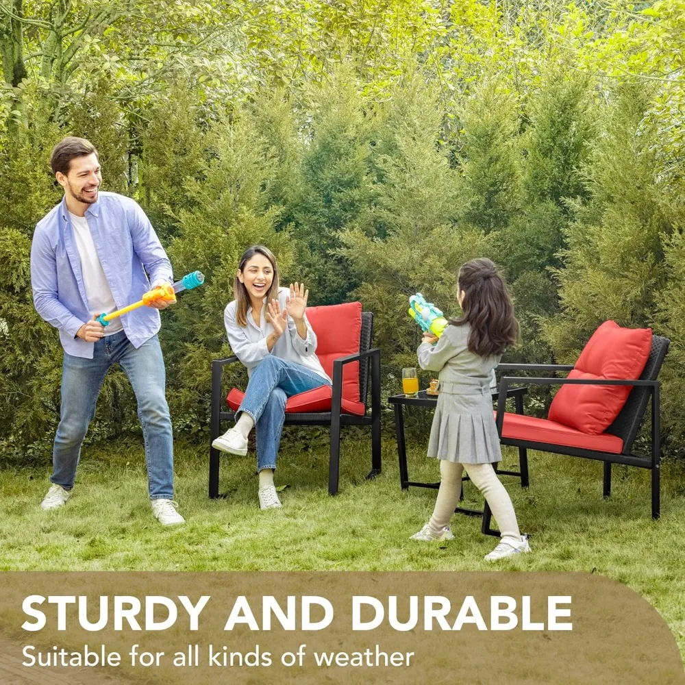 3-Piece Wicker Outdoor Rocking Bistro Set with Glass Top Coffee Table, Red Patio Furniture Conversation Area