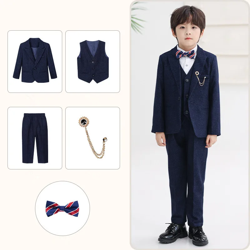 kids Blazer Vest Pants Brooch Bowtie 5Pieces Piano Host Performance Outfit Suit Boys Formal Wedding Birthday Photography Suit