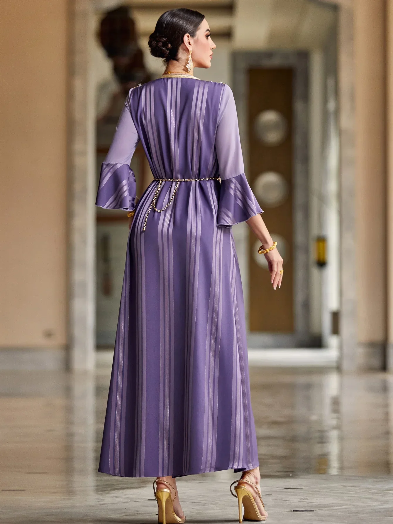 

Ramadan Purple Long Sleeve Muslim Abaya Dress for Women Eid Party Jalabiya Marocain Clothes Islamic Turkey Moroccan Kaftan Robe