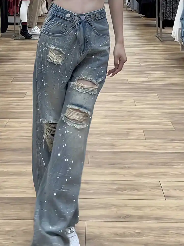 Zomer dames gescheurde diamanten jeans mode hoge taille losse wijde pijpen broek oversized vrouwelijke denim broek S-3XL