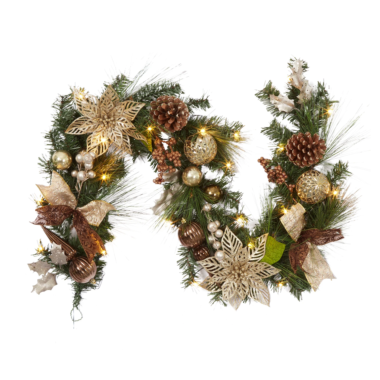 

6ft Prelit Christmas Garland with 20 Lights, Xmas Vines with Bows Christmas Balls Flowers Berries Greenery Christmas for Door