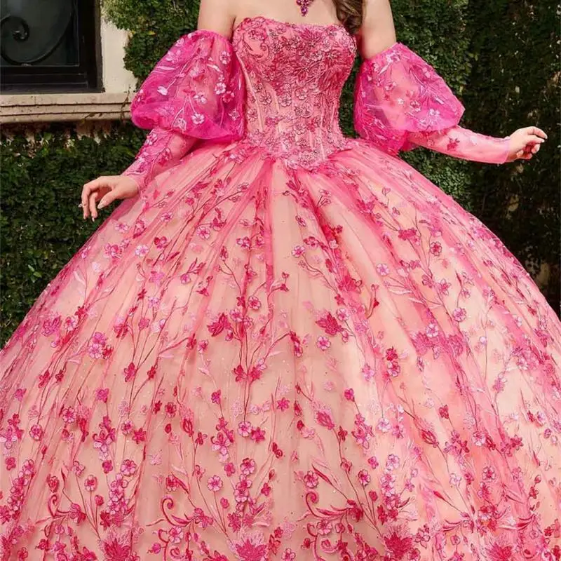 Hot PInk Removable Puff Sleeve Quinceanera Dress 2024 Lace-up Vestidos De 15 Quinceañera Sweet 15 Dresses Floral Evening Party