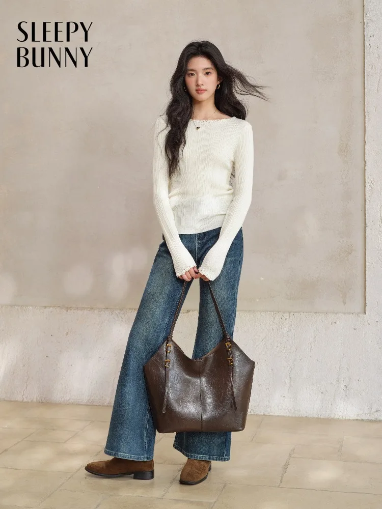 

Женский элегантный вязаный топ в рубчик для женщин, облегающий свитер с длинными рукавами, шикарный весенний повседневный многослойный наряд во французском стиле