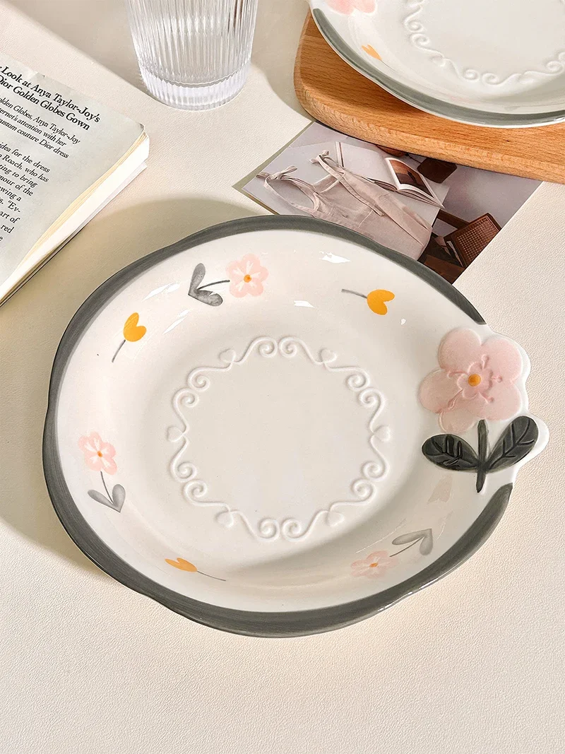 French Embossed Dessert Plates Household Printed Ceramics Bread Plate Exquisite Underglaze Color Multi Functional Tablewares