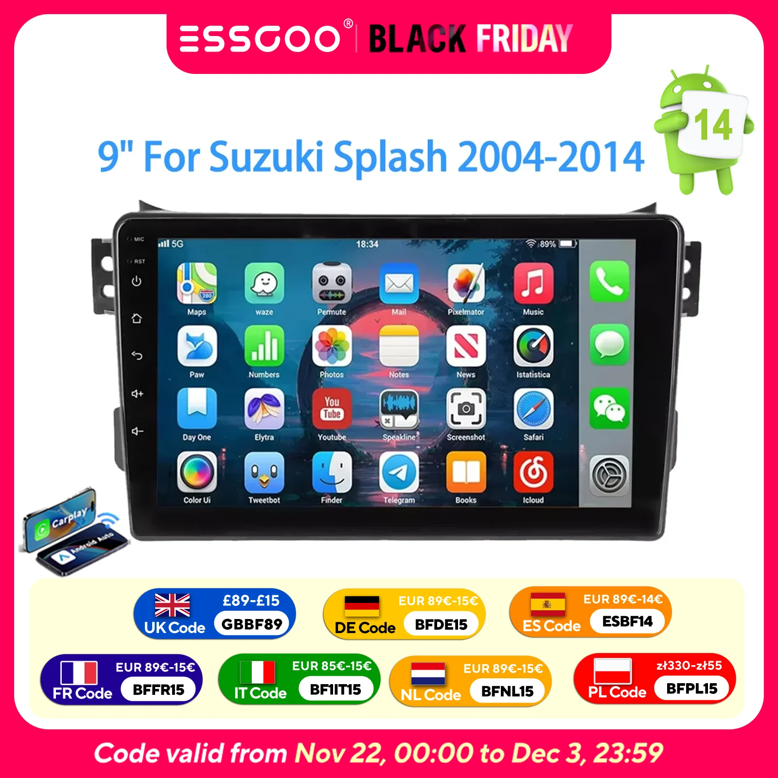 ESSGOO 9" 2 DIN Android 14 Per Suzuki Splash Opel Agila B 2004-2014 CarPlay Android Auto Autoradio GPS Navigazione FM Wifi BT RDS Mirror Link Lettore Video Multimediale
