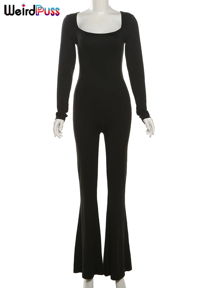 แปลกPuss Backless Jumpsuitผู้หญิง 2024 ฤดูใบไม้ร่วงใหม่แขนยาวผอมยืดสบายๆStreet Flare Overalls