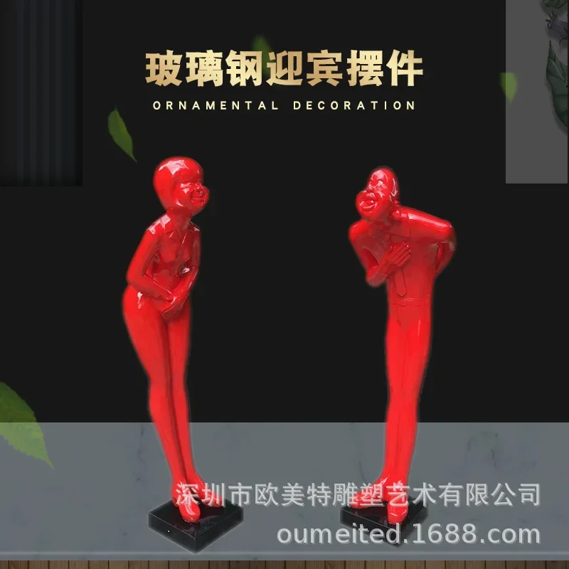 Bow at the entrance of the hotel FRP welcome figure sculpture men and women welcome floor ornament red festive bow