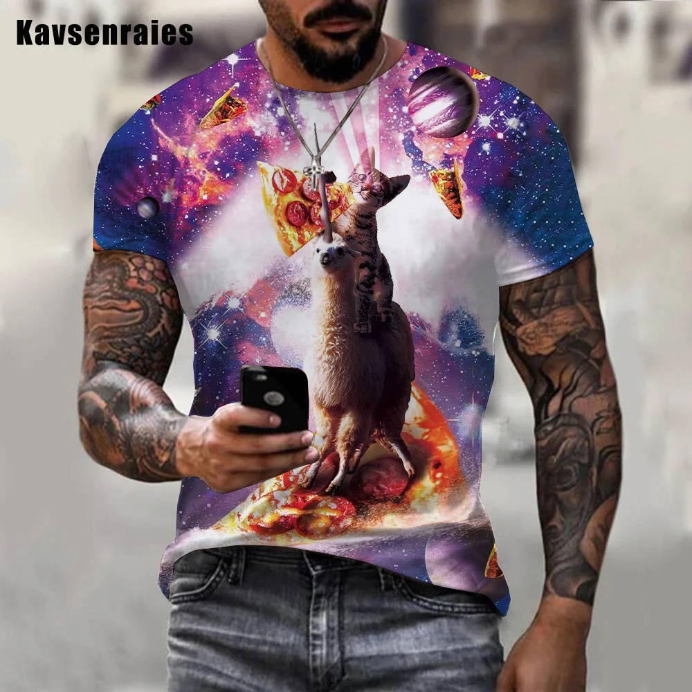 New Galaxy Space Colorful 3D T-shirt Lovely Animal Cat Eat Taco Pizza Printed T Shirt Men Women Hip Hop Fashion Casual Tops