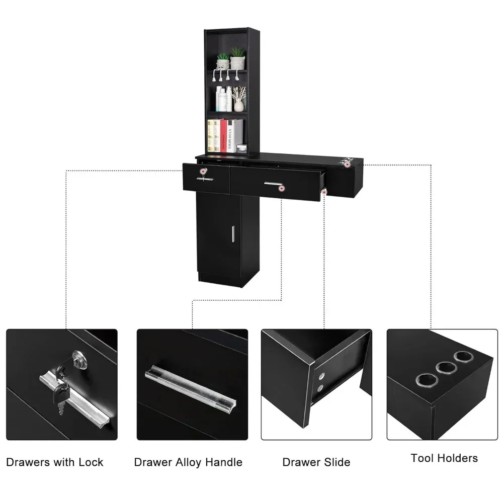 محطات الحلاقة المثبتة على الحائط، محطات صالونات التجميل لمصفف الشعر، مجموعة معدات تصفيف الشعر مع خزانة تخزين