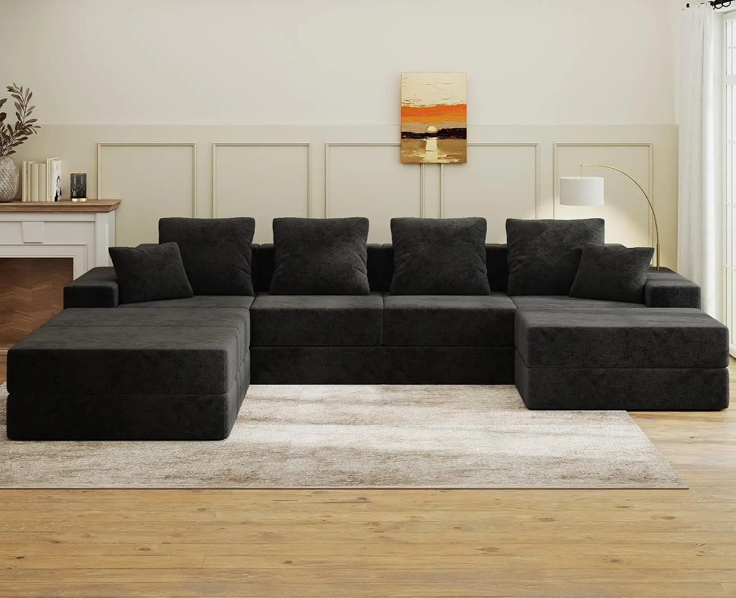U-Shaped Cloud Sectional Sofa, Boneless No Assembly Reversible Chaise 4-Seat Modular 3 Ottoman Black, Customized