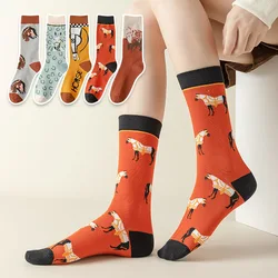 1 Paar Katoen Nieuwe Mode Elegante Kunst Oranje Geel Paard Leeuw Vrouwen Sokken Lange Vrouwelijke Meisjes Ethische Stijl Jurk Sox Zomer Cadeau