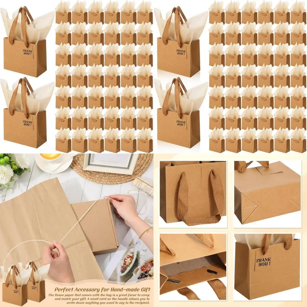 

100 упаковок мини-подарочных пакетов с цигарковой бумагой, коричневые пакеты из крафт-бумаги с ручкой и подарочной биркой для различных случаев