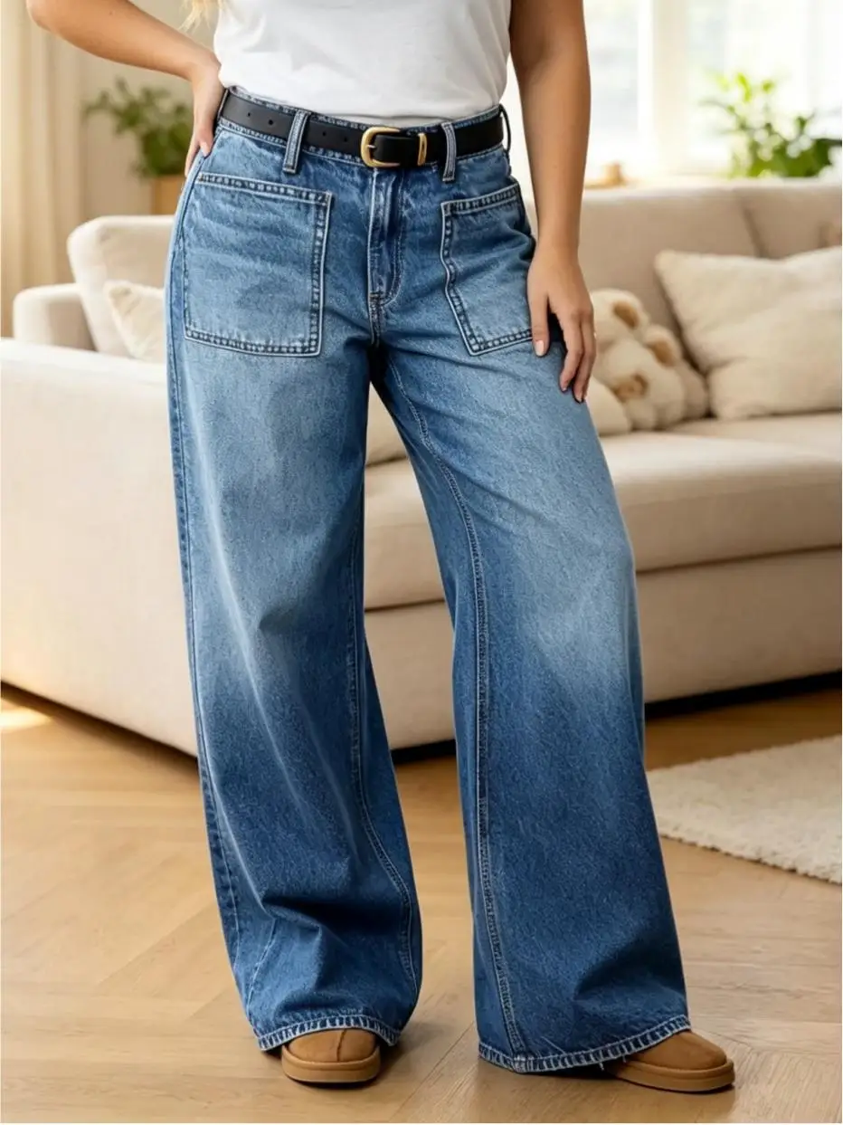 【HME】Jeans | Retro Baggy Denim Pants For Ladies, Wide Leg Floor‑Grazing Denim Jeans With Distinct Gradient Dyeing, Decorative Large Patch Pockets & Frayed Raw Hem, Relaxed Silhouette Pants For Multiple Occasions