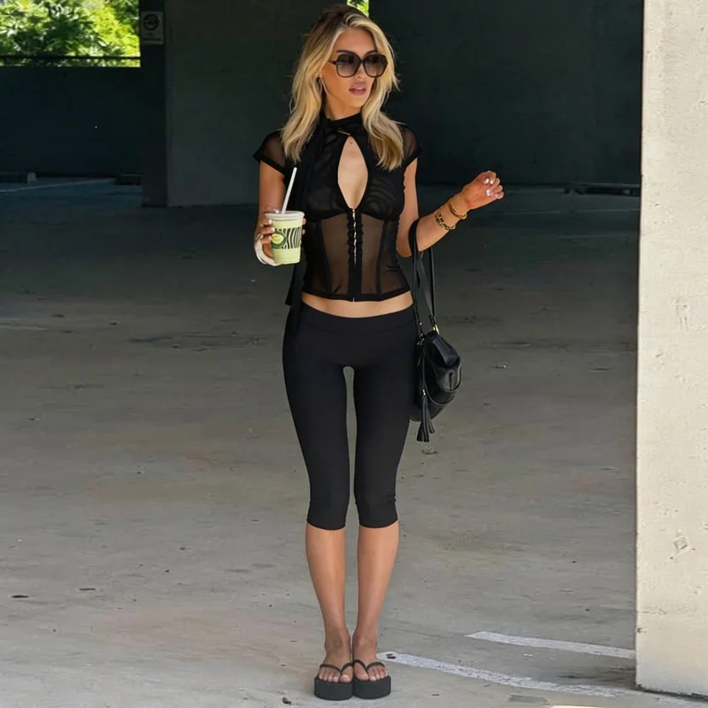 2026 Sommer Damen Y2K Sexy Nachtclub Transparentes Mesh Korsett Crop Top mit Hakenösen-Ausschnitt, hohem Kragen und kurzen Ärmeln – Detail 2