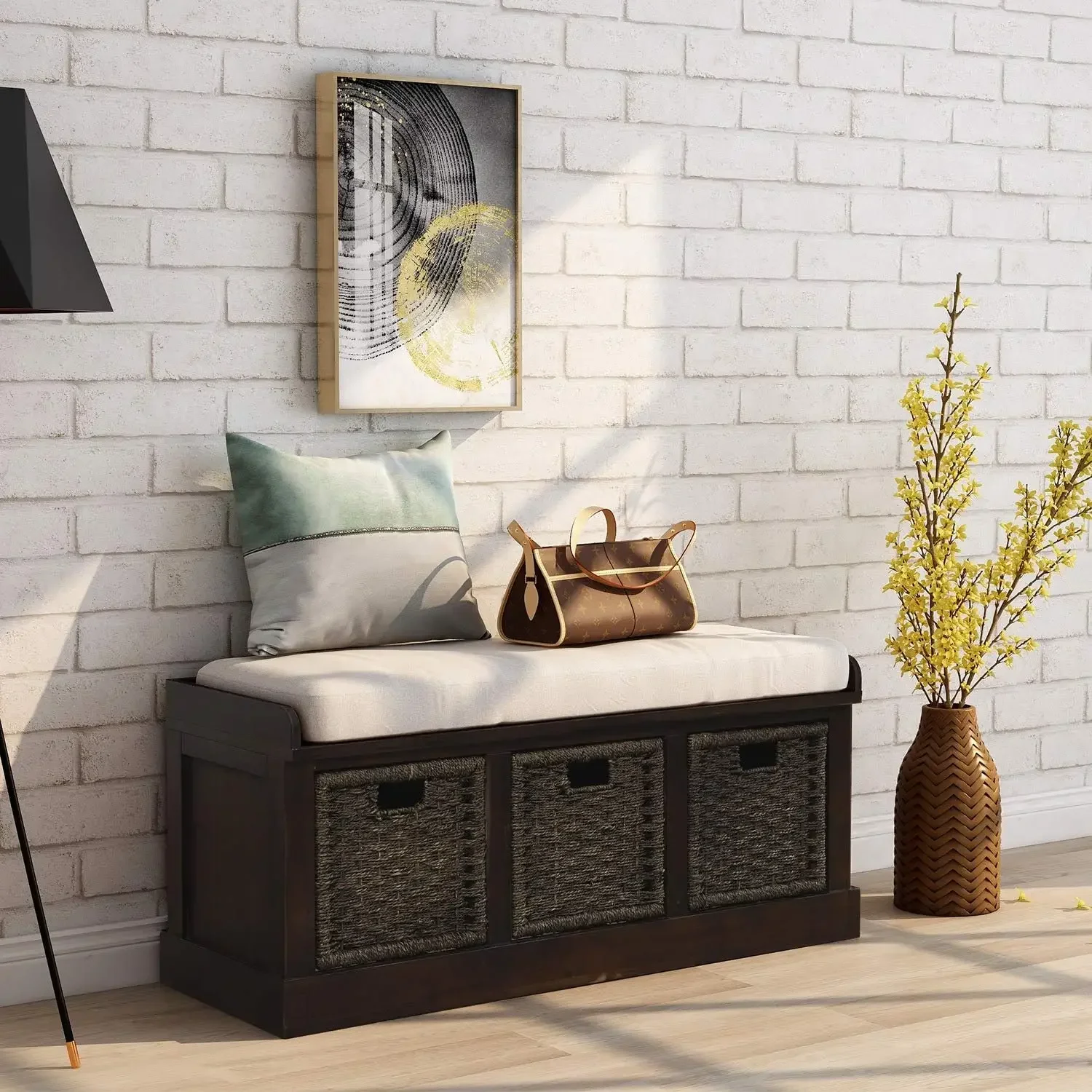 

Скамья-банкетка для прихожей Harper&Bright Designs в деревенском стиле с 3 съемными корзинами, скамья для обуви со съемной подушкой для гостиной