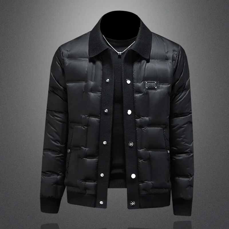 

Men's Knitted Collar down Jaet 90% White Du down Faion Urban Sle ort Coat Long Sve Zipper Closure Regular Fit