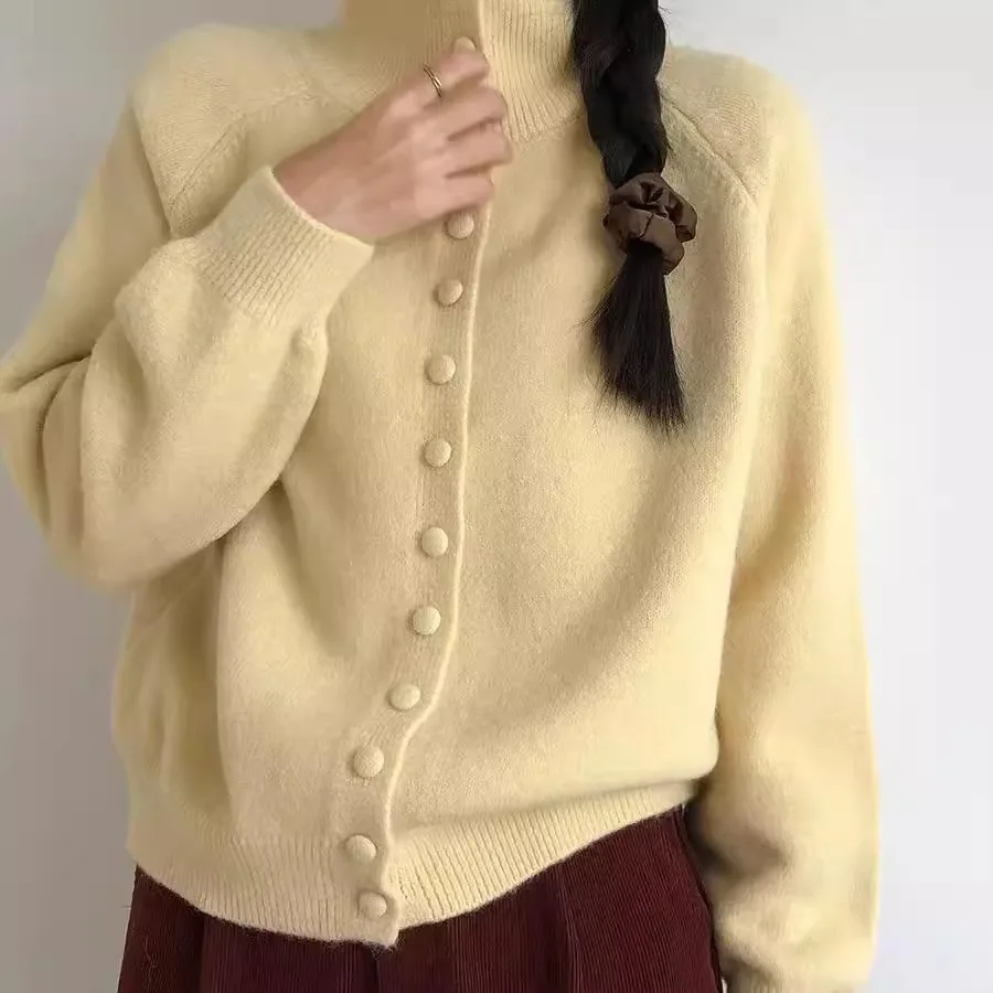 Autumn and Winter New Gentle High Neck Single-Breasted Soft Waxy Sweater Jacket Women's Autumn Korean-Style Ropa Para Mujer