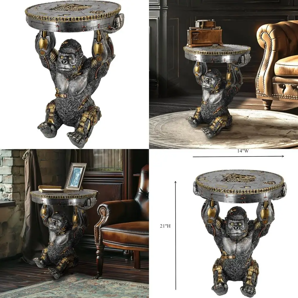 طاولة جانبية Steampunk Gorilla مع قاعدة قاعدة قاعدة، وقرد سايبورغ مصنوع يدويًا من الراتنج، وتمثال علم الخيال العلمي، ونحت قابل للجمع #1
