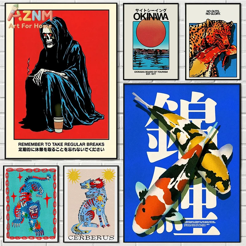 

Настенное искусство на холсте AZNM с изображением Жнеца (Grim Reaper) и кофейной паутины, винтажный постер с принтом Окинавского кои, яркая иллюстрация леопарда Керберуса без рамы