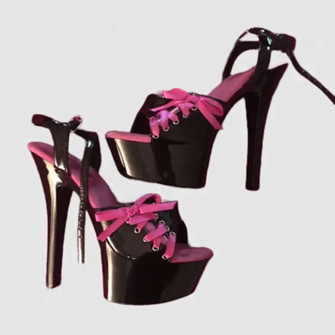 

Sweetgirl Y2K Platform Heeled Sandals Peep Toe High Heels Patent Leather Pink Lace Up Ankle Buckle Strap Mixed Color Dress Shoes