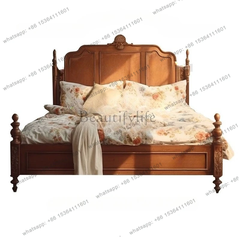 American wood color carved solid wood bed retro carved carved master bedroom double bed