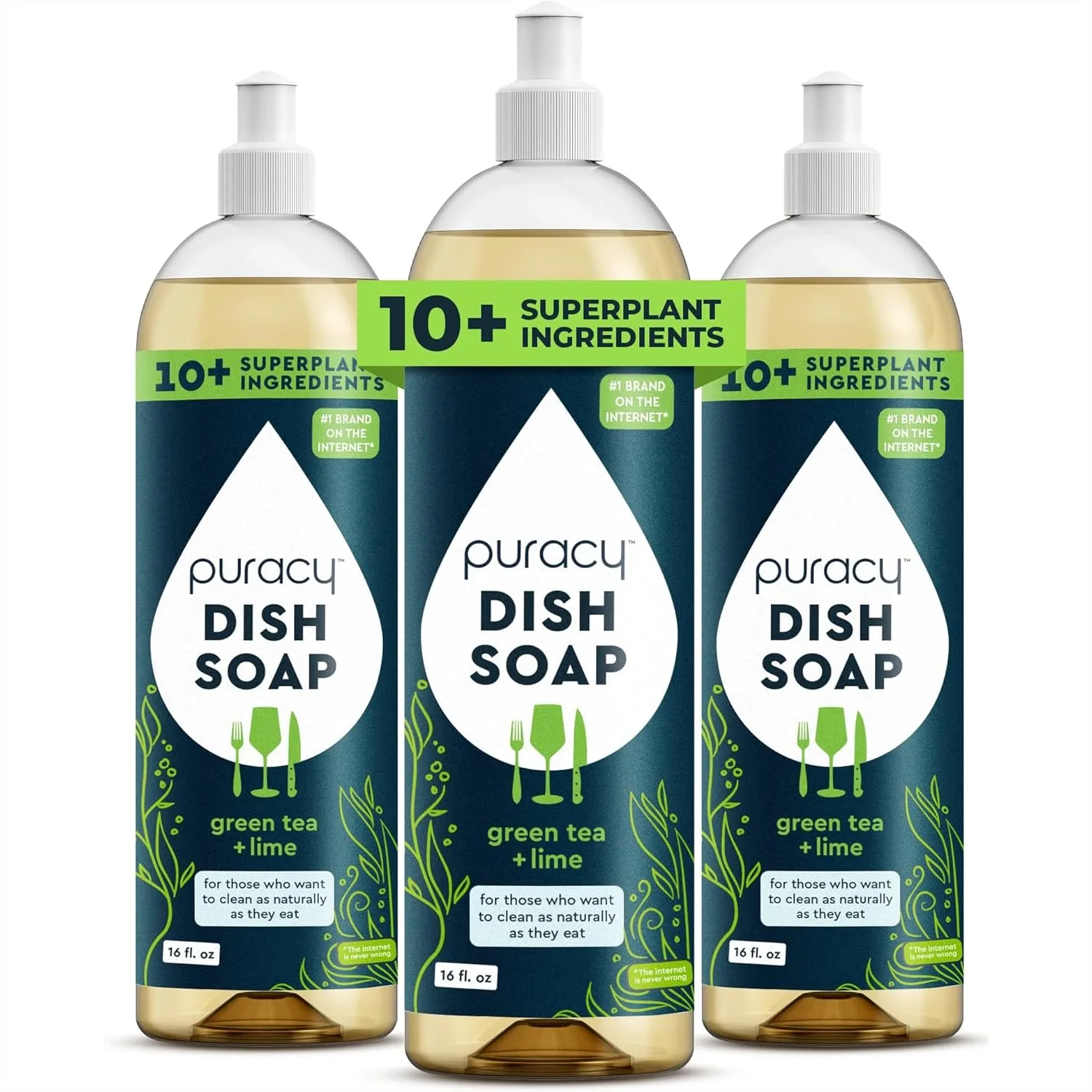 

Plant-Based Dish Soap Packs with Green Tea & Lime, Skin-Softening Dishwashing Liquid for Grease Removal, 16 fl oz 3 Pack