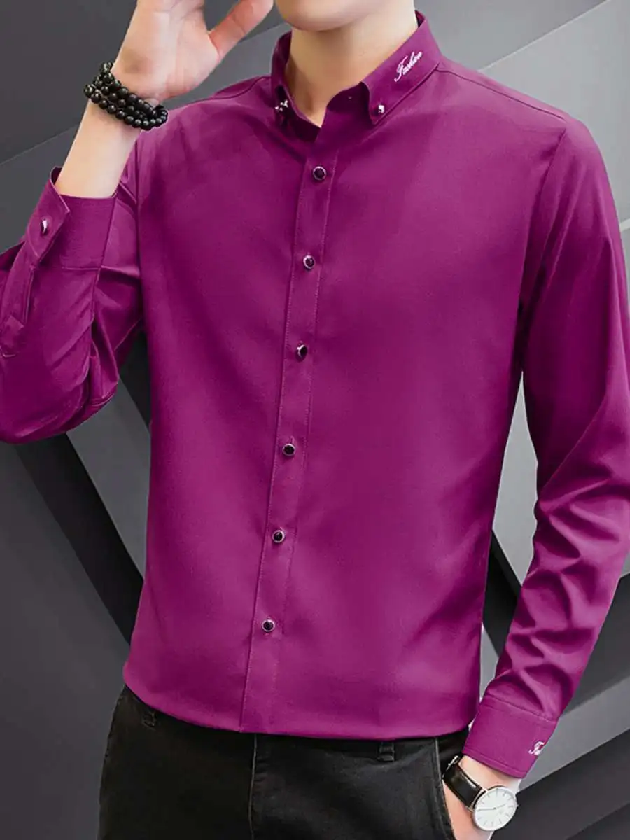 

Spring New Men's Long Sve irt Casual Elastic Youth Pure Color Simple Embroidery Casual irt Home Direct S Slim Fit