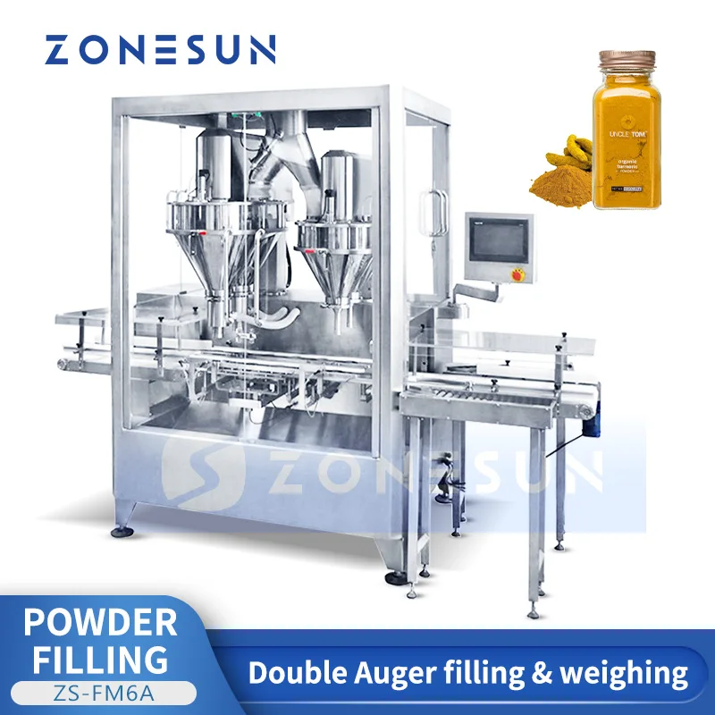 ZONESUN-Máquina De Enchimento De Pó Automático, Dupla Auger Filler, Spice Coffee Protein Equipamento De Embalagem, Verifique Weigher, ZS-FM6A