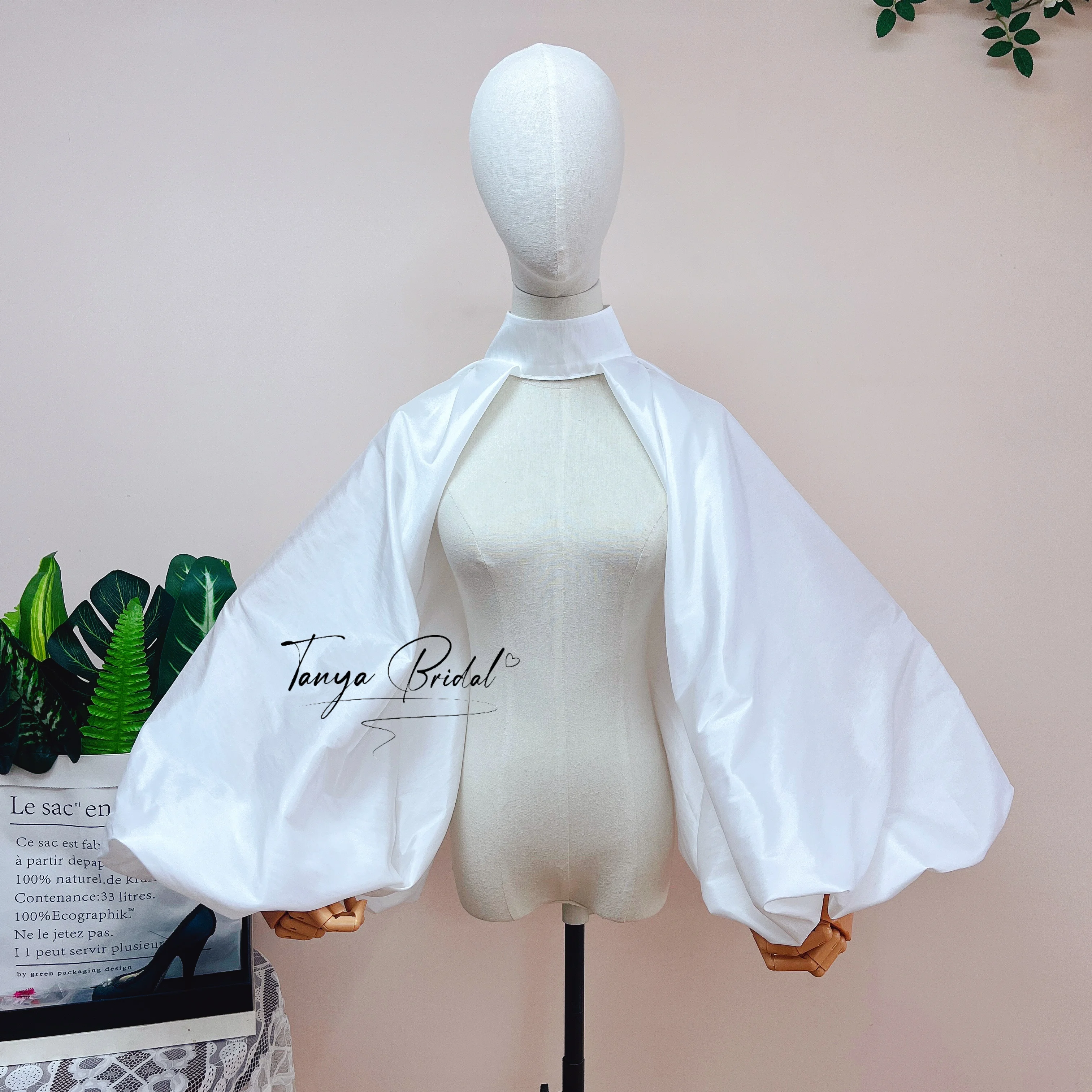 white-taffeta-high-neck-bolero-jacket-giant-puff-sleeve-back-button-cape-shrug-wedding-evening-dress-cover-up
