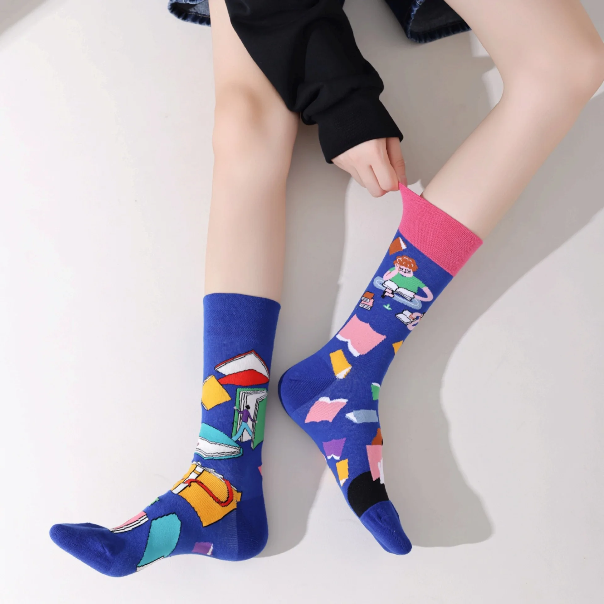 3 Pair Original Asymmetric Trendy Socks AB Model Ins Style Design Unisex Cartoon Creative Mid-Calf Cotton Socks
