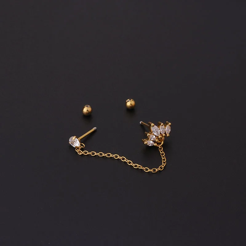 2Pcs 20G 0.8mm Stainless Steel Flower Crown Double Hole Chains Cartilage Srecw Back Stud Earring Ear Helix Piercing Jewelry