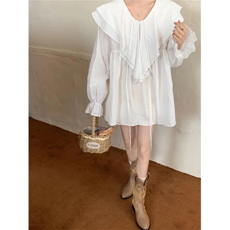 MEXZT Vintage Sweet Ruffles Shirts Women 4Xl White Elegant Oversize Sun-Proof Blouses Korean Cute Flare Sleeve Loose Casual Tops