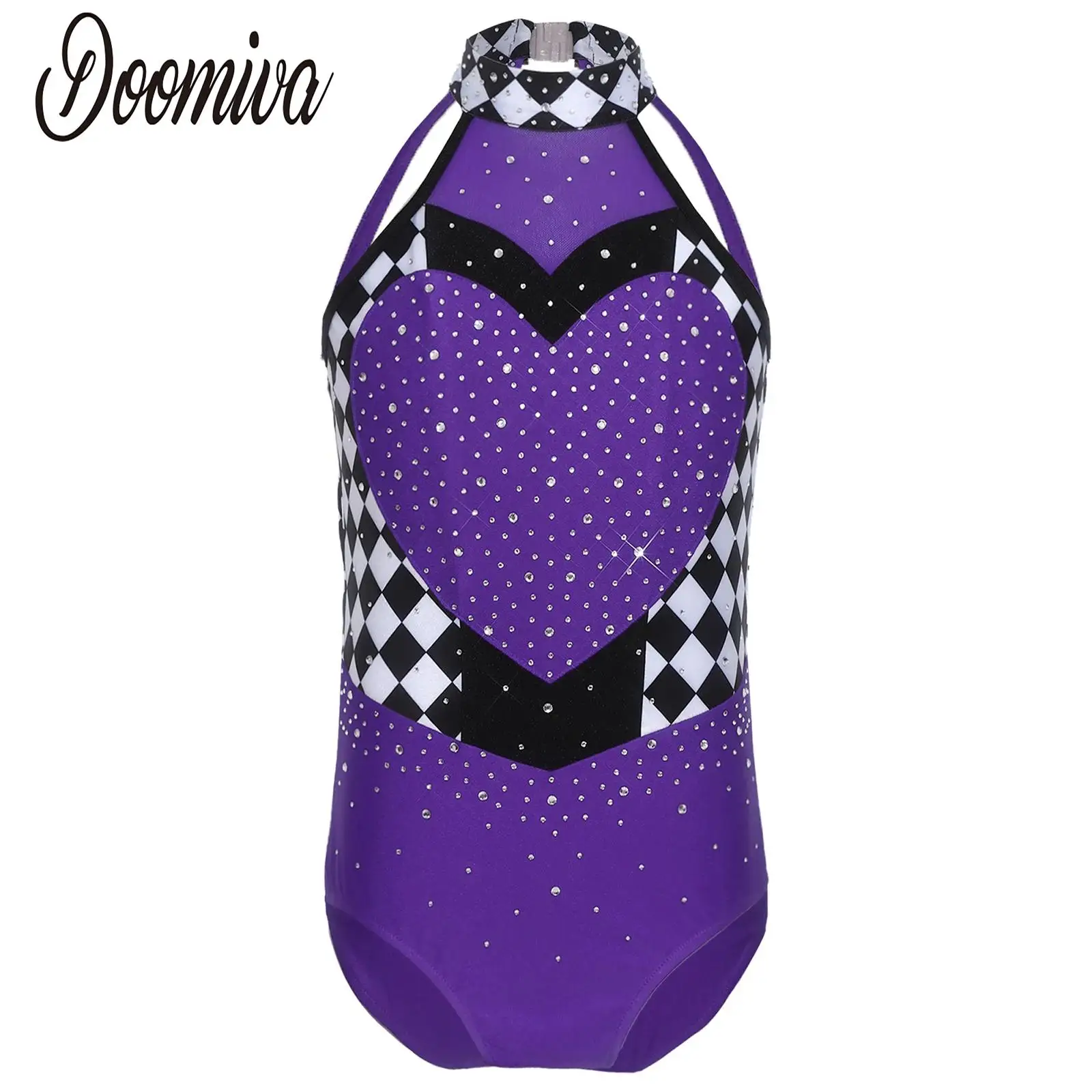 

Kids Girls Heart Queen Jazz Ballet Costume Rhinestones Leotards Dance Clothes Halter Sleeveless Contrast Color Bodysuit Jumpsuit