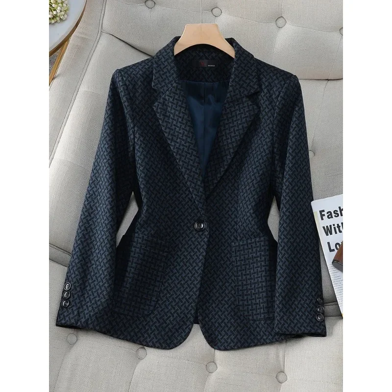 Blazer listrado de manga comprida feminino, jaqueta casual feminina com bolso, botão único, café, azul, preto, outono, inverno, moda