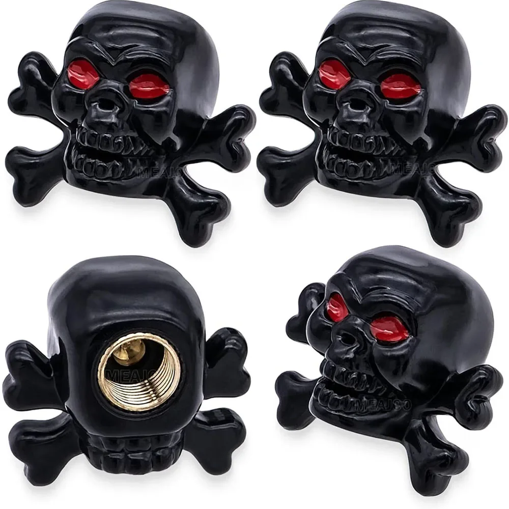 4Pcs Skull Style Tire Valve Stem Caps Dustproof Wheel Valve Covers with Rubber O-Ring for Cars BicyclesTrucks and Motorcycles