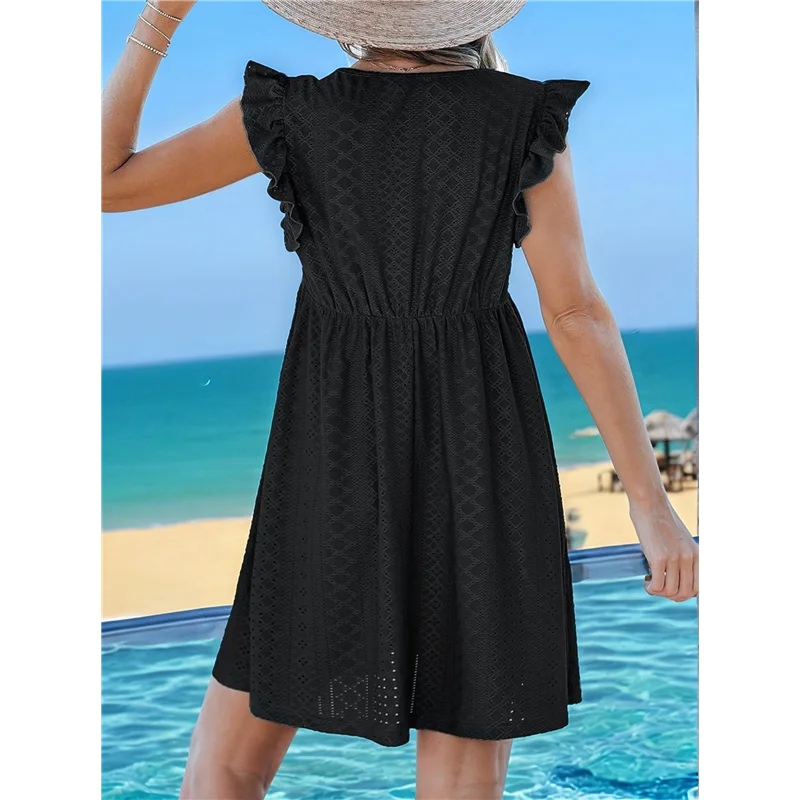 Abrt-vestido feminino de verão, manga plissada, decote em v, midi, moda casual, ajuste fluido, em camadas, boho, praia, férias, vestido de verão