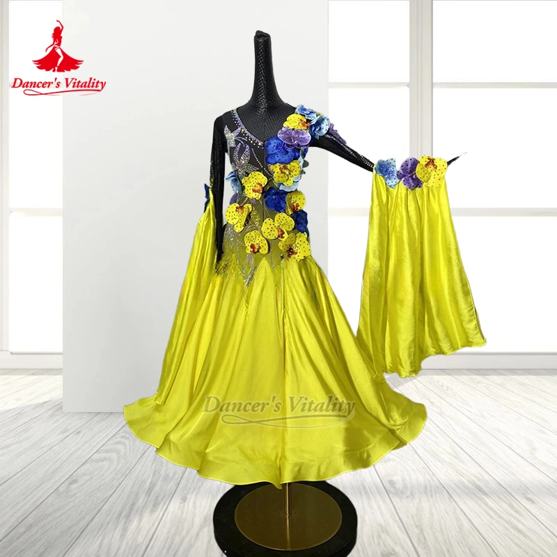Adult Social Dance Luxury AB Stones Gradient Color Dresses Customize Dancer's Vitality Women Waltz Foxtrot  Long Sleeves Clothes