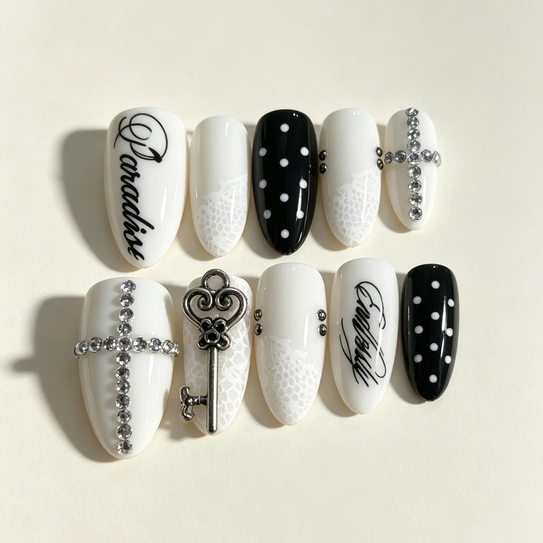 10 Pieces of Hand Pressed Almond Shaped Nails, Beautiful Fake Nails, Black and White Lock Key Cross Letters, Suitable for Women