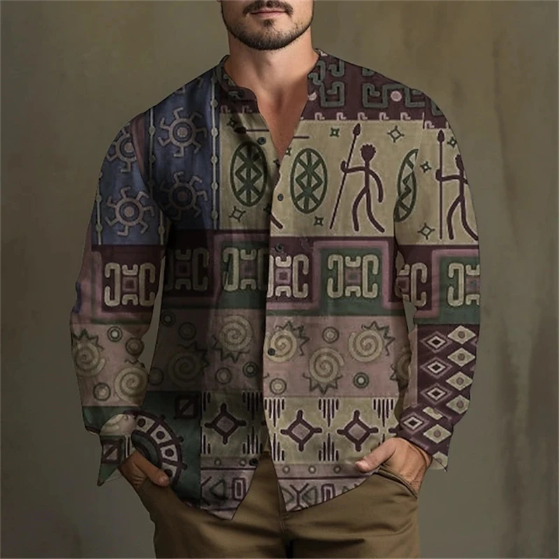 Ethnic Vintage Tribal Men\'s African Shirt Casual Fashion Men\'s Formal Shirt Luxury Mens Clothing High Quality Loose Tops Apparel