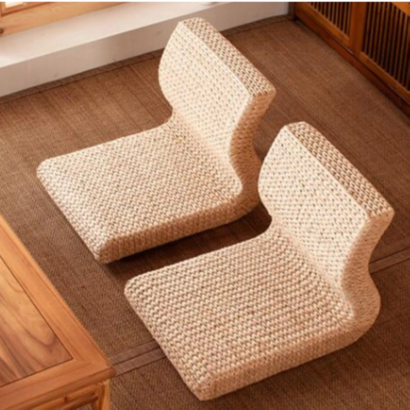 Handmade Straw&Rattan Japanese Floor Legless Chair Tatami Zaisu Backrest Chair for Balcony Bay Window Office Living Room Bedroom