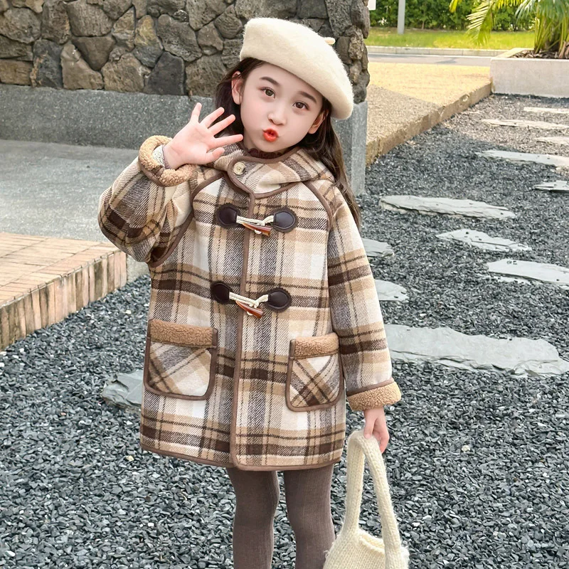 

Winter Children Girls Plaid Jackets Cotton Hooded Thick Warm Kids Girls Outerwear Coat Loose Fleece Toddler Babys Girls Parkas