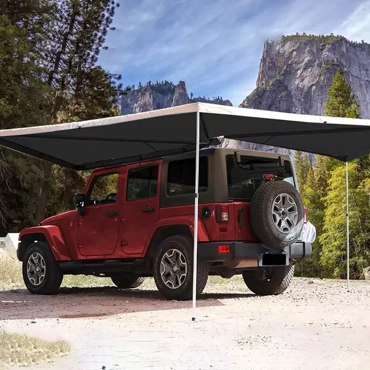 2.5M Retractable Car Side Awning 270 Degrees Automatic Roof Top Tent with Oxford Fabric Aluminum Pole Straight Bracing Type